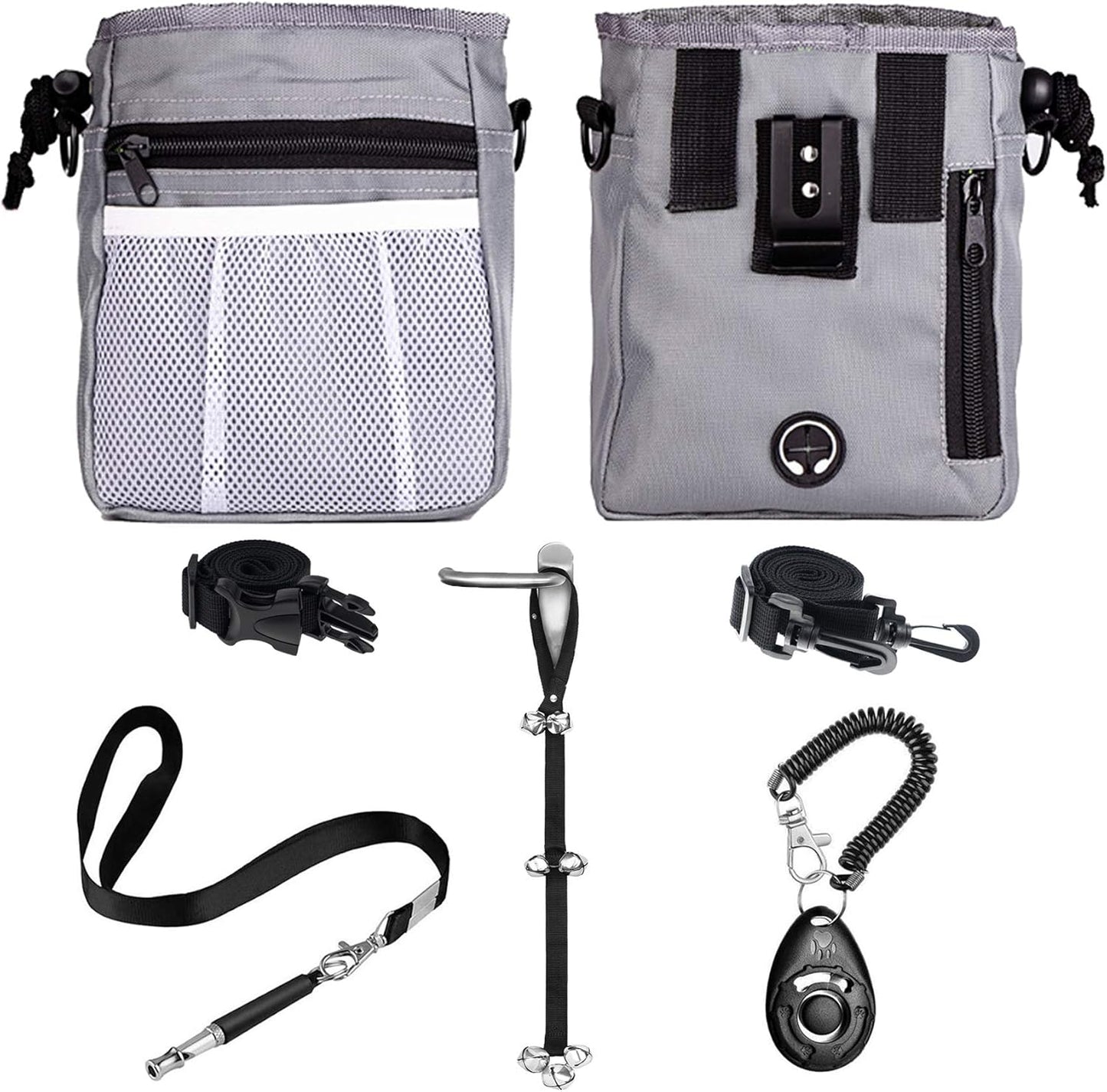 4-In-1 Dog Training Set, Puppy Training Treats- Dog Treat Training Pouch, Dog Whistle, Dog Doorbells, Dog Clicker, Ideal Gift for First Time Pet Owners, Training Dog Owners (Black)