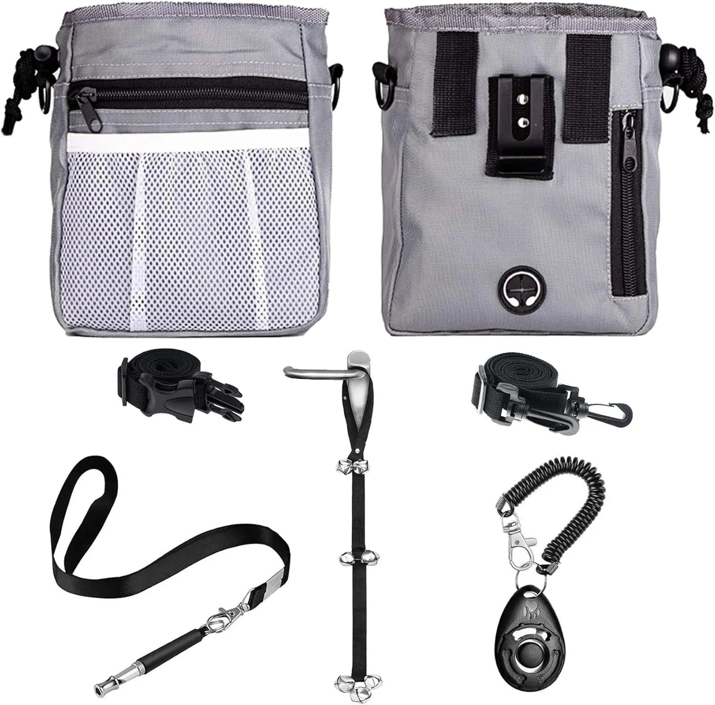 4-In-1 Dog Training Set, Puppy Training Treats- Dog Treat Training Pouch, Dog Whistle, Dog Doorbells, Dog Clicker, Ideal Gift for First Time Pet Owners, Training Dog Owners (Black)